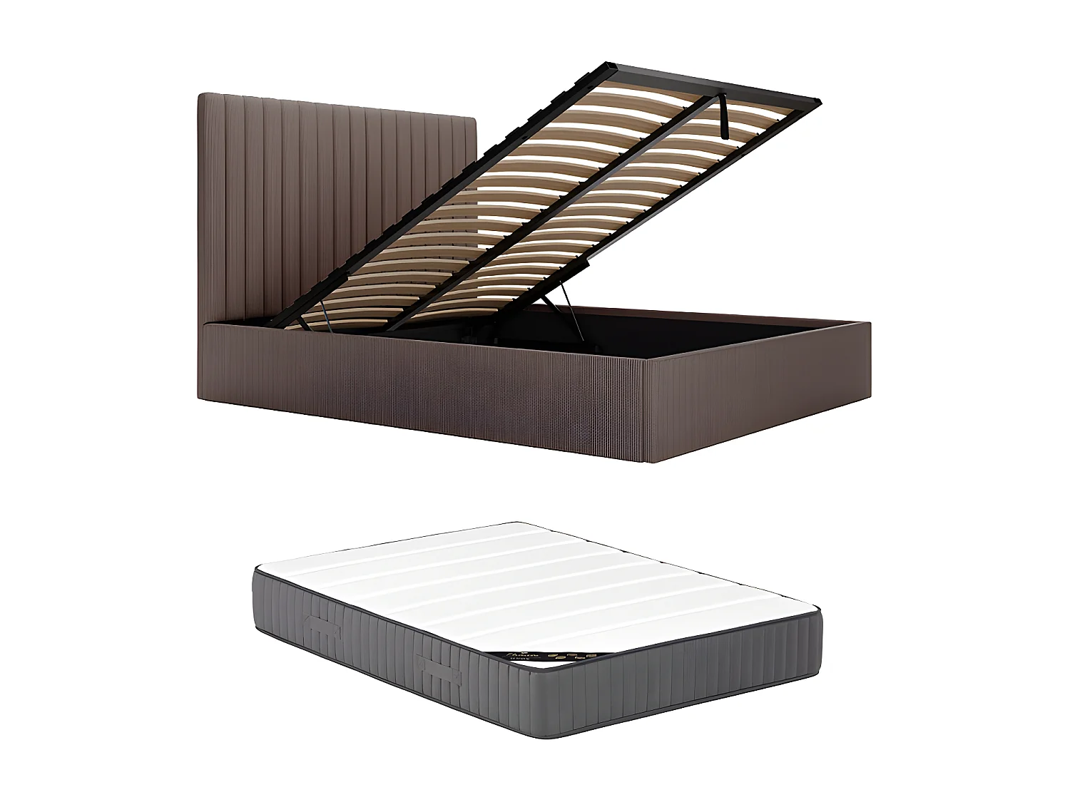 Bett mit Bettkasten - 160 x 200 cm mit Kopfteil mit vertikalen Ziernähten + Matratze - Cord - Taupe - SARAH