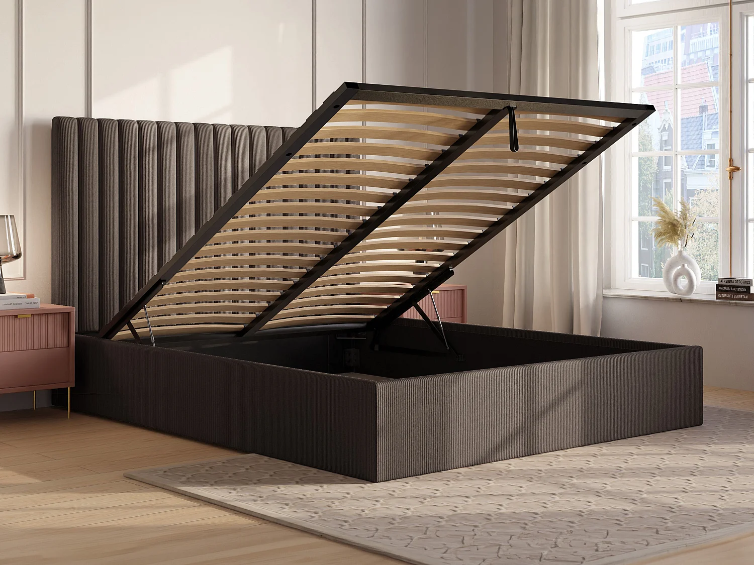 Bett mit Bettkasten - 160 x 200 cm mit Kopfteil mit vertikalen Ziernähten + Matratze - Cord - Taupe - SARAH