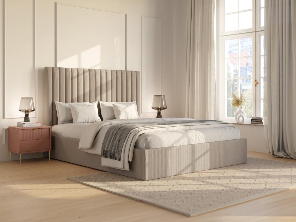 Lit coffre 140 x 190 cm avec tête de lit coutures verticales - Velours côtelé - Beige + Matelas - SARAH