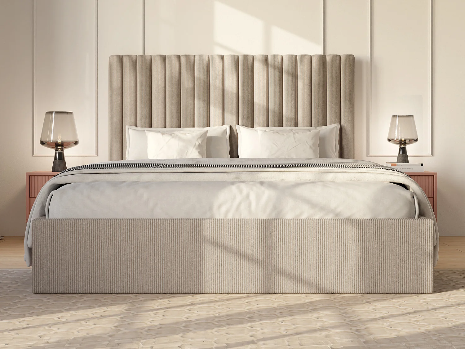 Bett mit Bettkasten - 140 x 190 cm mit Kopfteil mit vertikalen Ziernähten + Matratze - Cord - Beige - SARAH