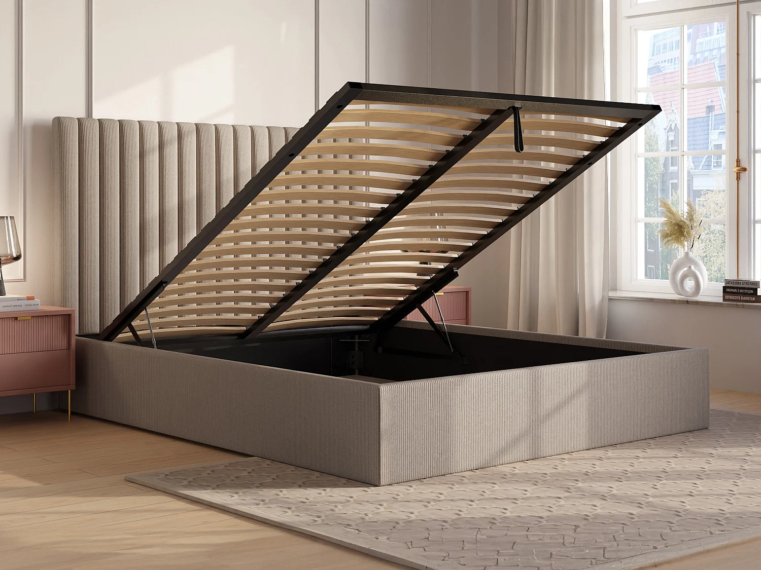 Lit coffre 160 x 200 cm avec tête de lit coutures verticales - Velours côtelé - Beige + Matelas - SARAH