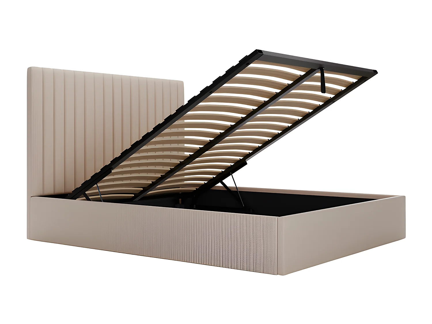 Lit coffre 160 x 200 cm avec tête de lit coutures verticales - Velours côtelé - Beige + Matelas - SARAH