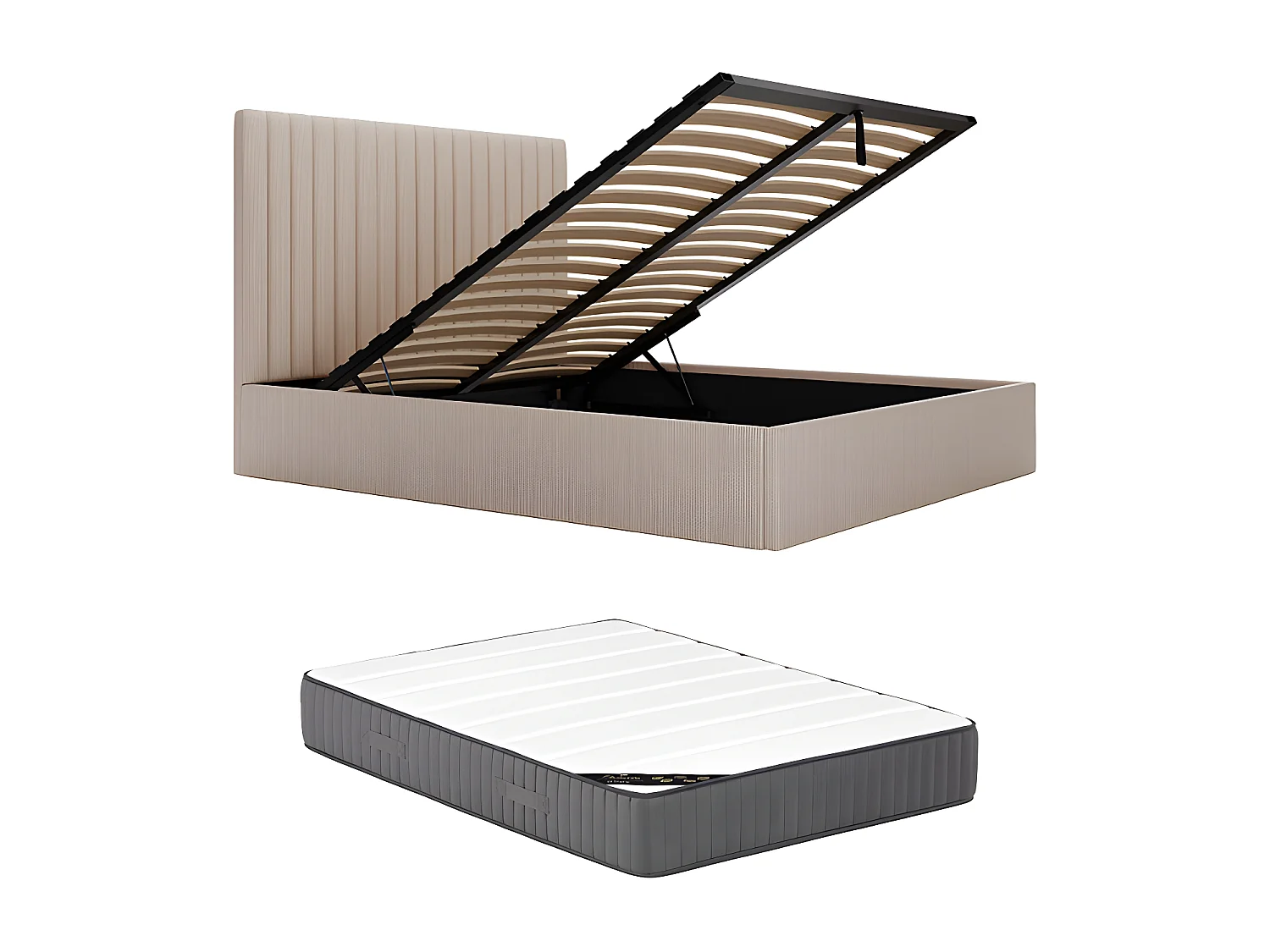 Letto con vano 180 x 200 cm con testata letto impunture verticali Velluto a coste Beige + Materasso SARAH