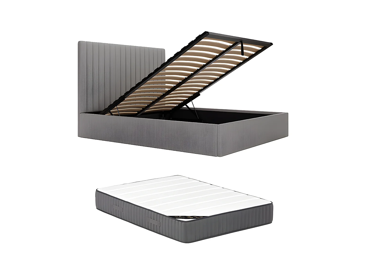 Canapé abatible de 140 x 190 cm con cabecero de costuras verticales - Pana - Gris + Colchón - SARAH