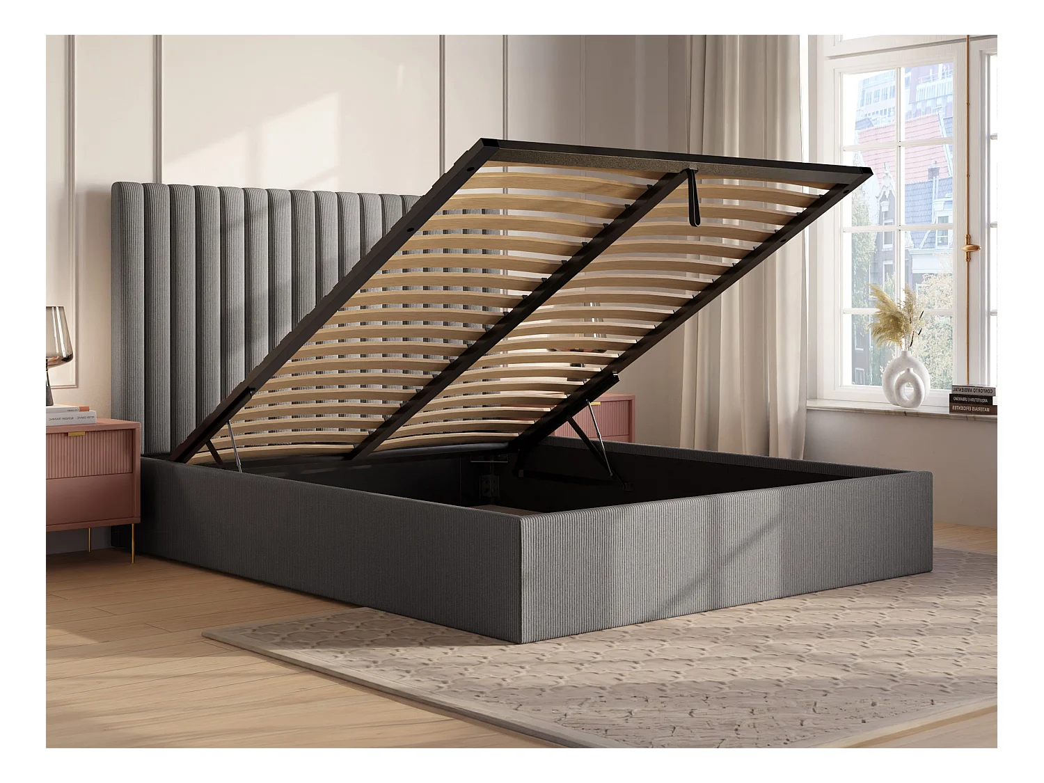 Canapé abatible de 140 x 190 cm con cabecero de costuras verticales - Pana - Gris + Colchón - SARAH