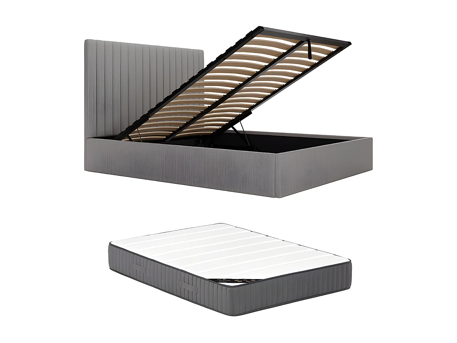 Bett mit Bett mit Bettkasten - - 140 x 190 cm mit Kopfteil mit vertikalen Ziernähten + Matratze - Cord - Grau - SARAH