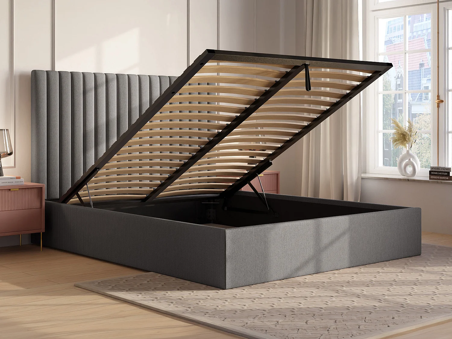 Bett mit Bett mit Bettkasten - - 140 x 190 cm mit Kopfteil mit vertikalen Ziernähten + Matratze - Cord - Grau - SARAH