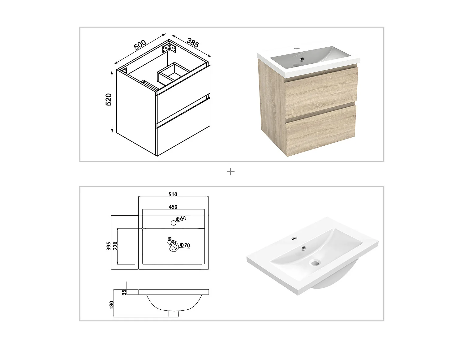 Aica Mueble de baño con lavabo, roble, dos cajones, 50 x 38,5 x 52 cm
