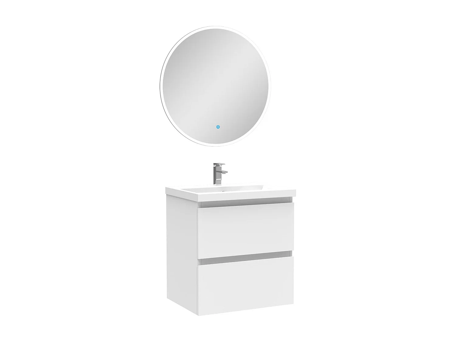 AICA Mueble de baño en blanco mate de 50 cm de largo, dos cajones, lavabo, espejo con iluminación LED