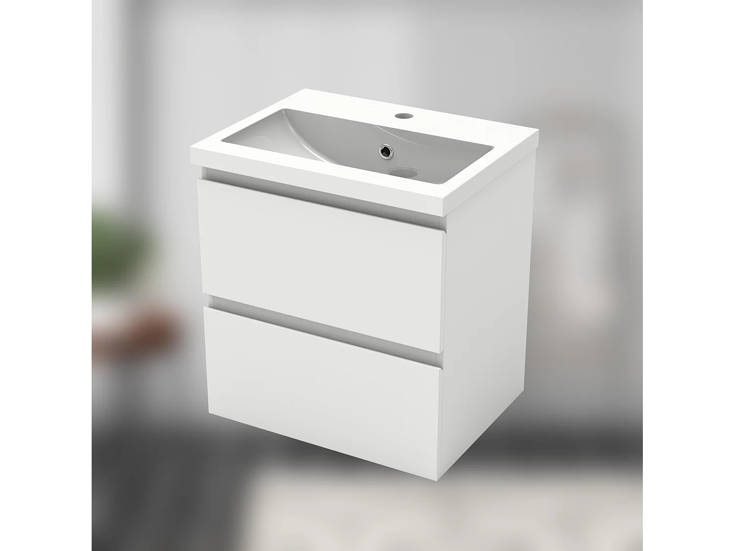AICA Mueble de baño en blanco mate de 50 cm de largo, dos cajones, lavabo, espejo con iluminación LED