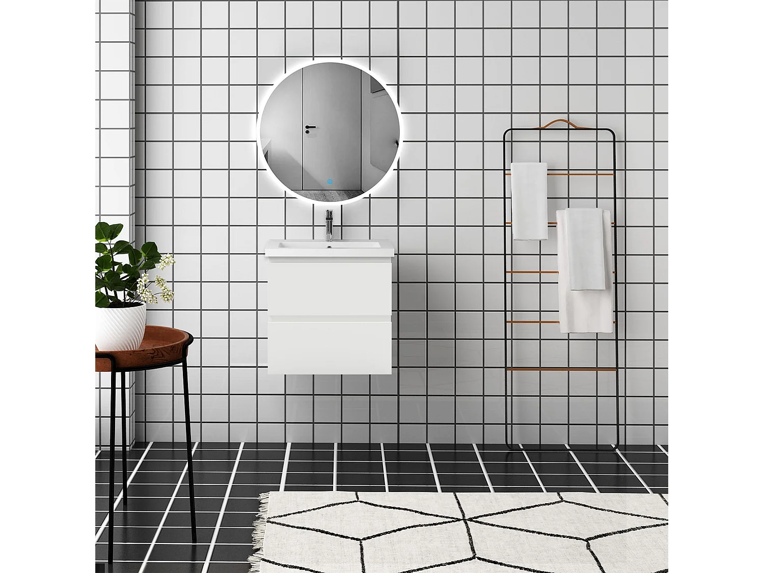AICA Mueble de baño en blanco mate de 50 cm de largo, dos cajones, lavabo, espejo con iluminación LED