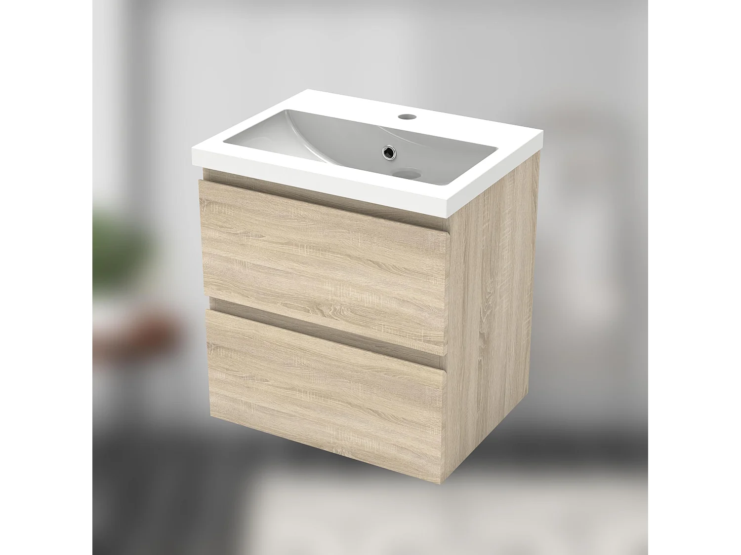 AICA Mueble de baño en roble, 50 cm de largo, dos cajones, lavabo, espejo con iluminación LED