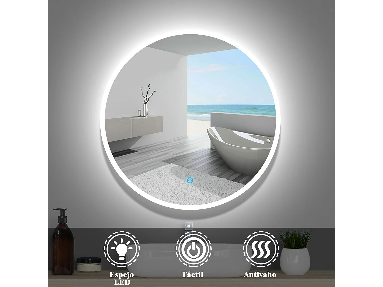 AICA Mueble de baño en roble, 50 cm de largo, dos cajones, lavabo, espejo con iluminación LED