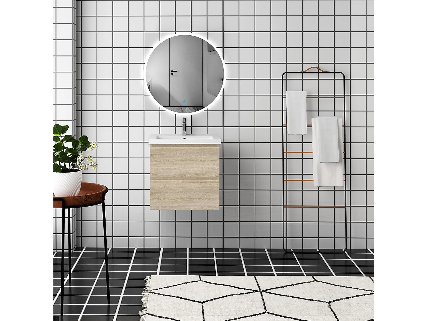 AICA Mueble de baño en roble, 50 cm de largo, dos cajones, lavabo, espejo con iluminación LED