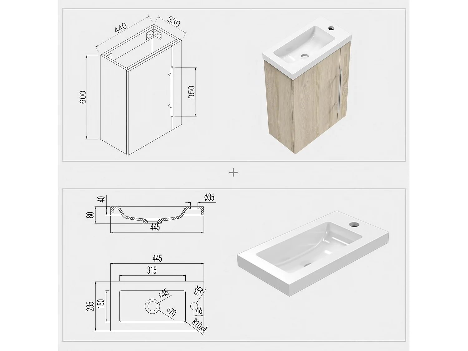 Aica Mueble de baño con lavabo, Roble, 44 x 23 x 60 cm