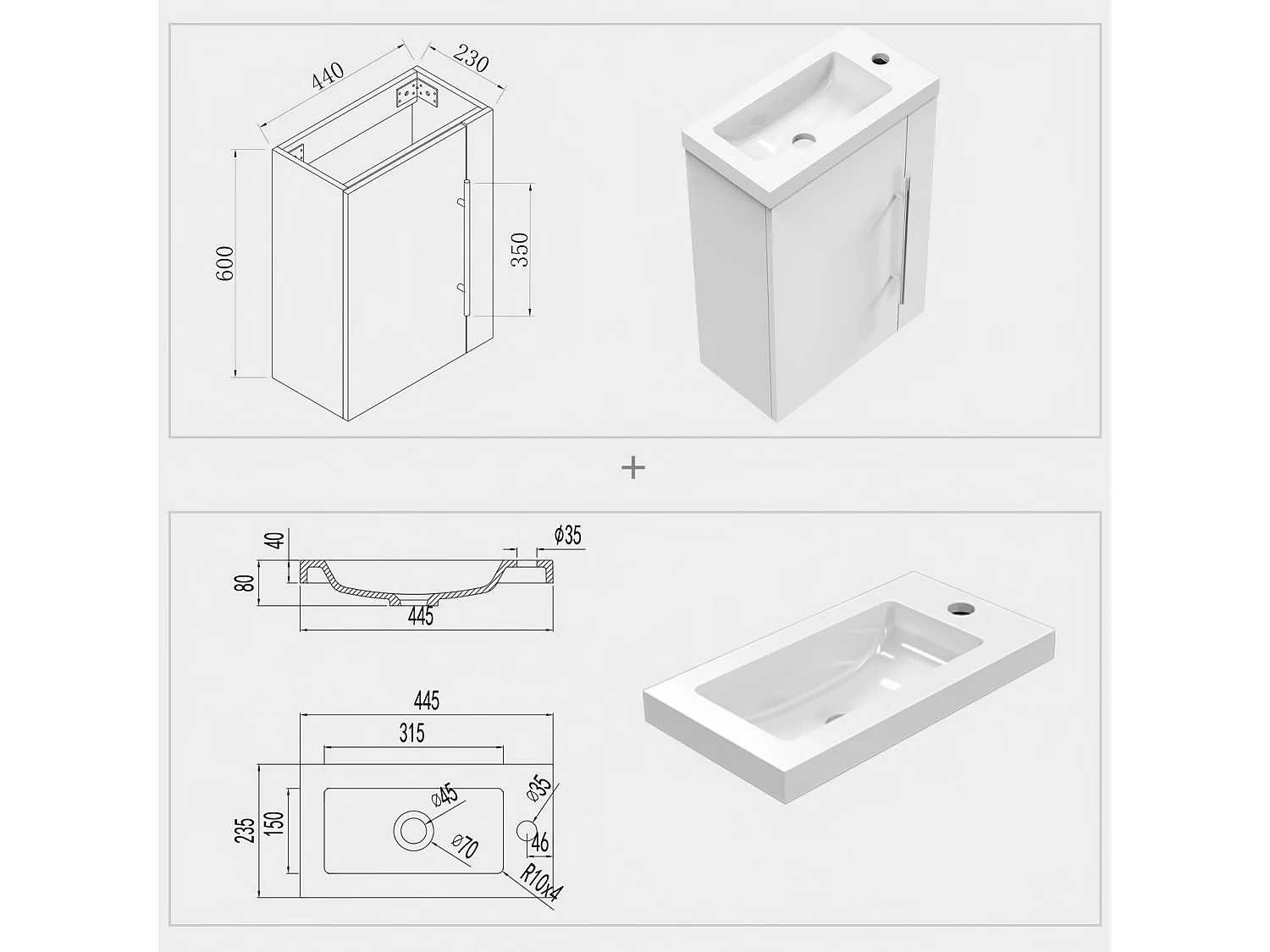 Aica Mueble de baño con lavabo, blanco, 44 x 23 x 60 cm