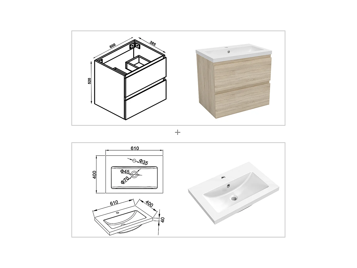Aica Mueble de baño con lavabo y espejo Roble 60x38.5cm