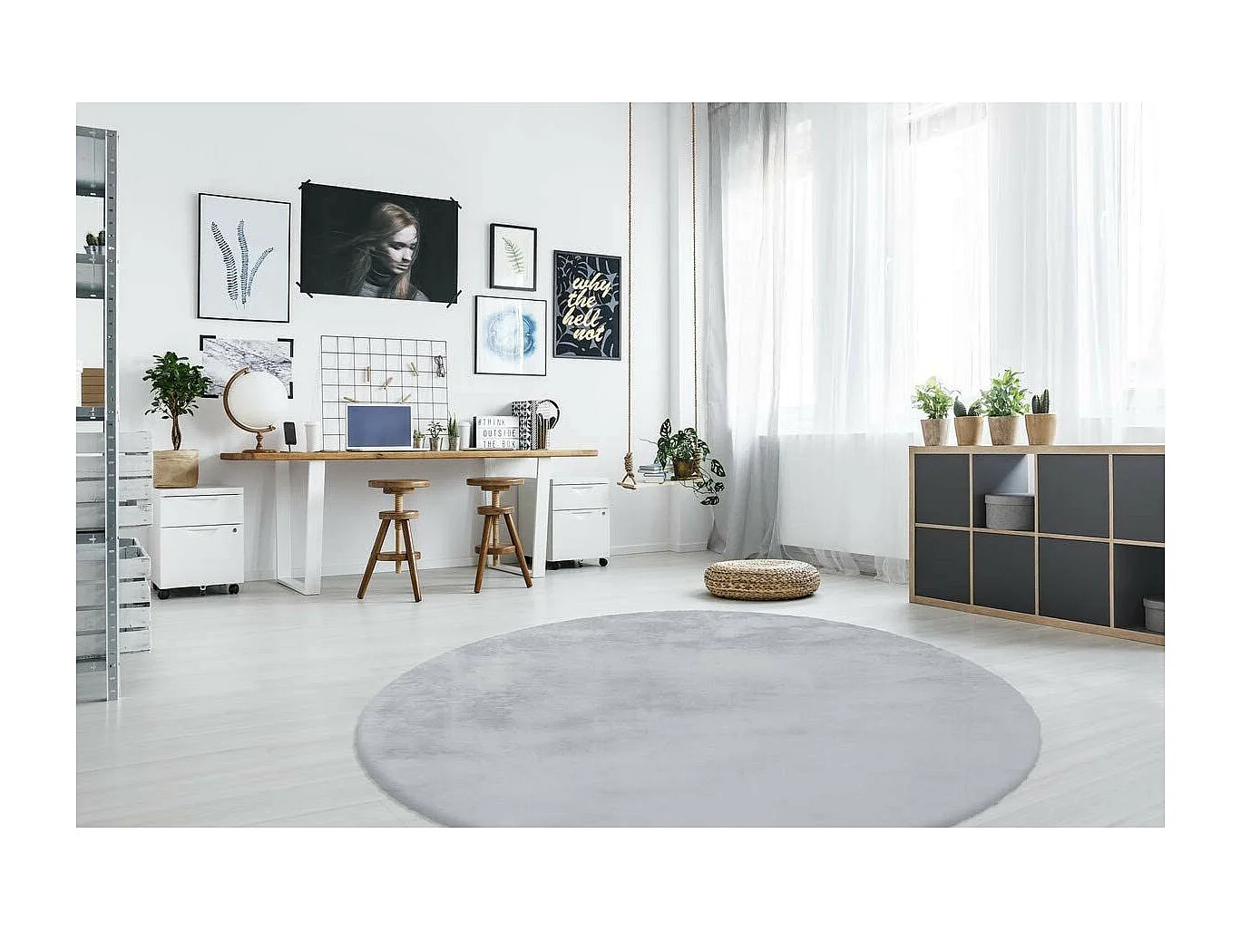 Tapis Rond à Poils Longs "Rabbit" 160cm Bleu Gris