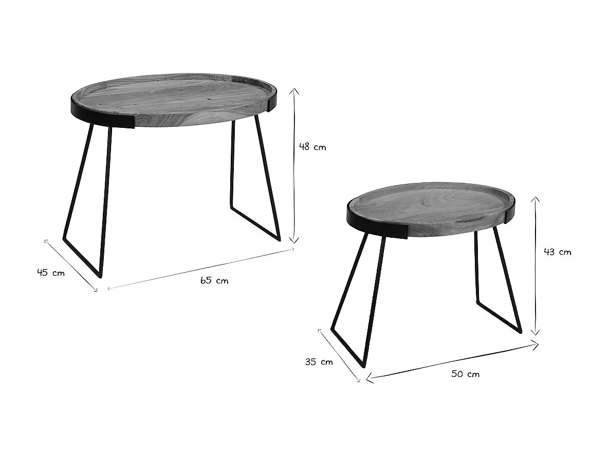 Tables basses gigognes bois massif et métal noir (lot de 2) ELAVO