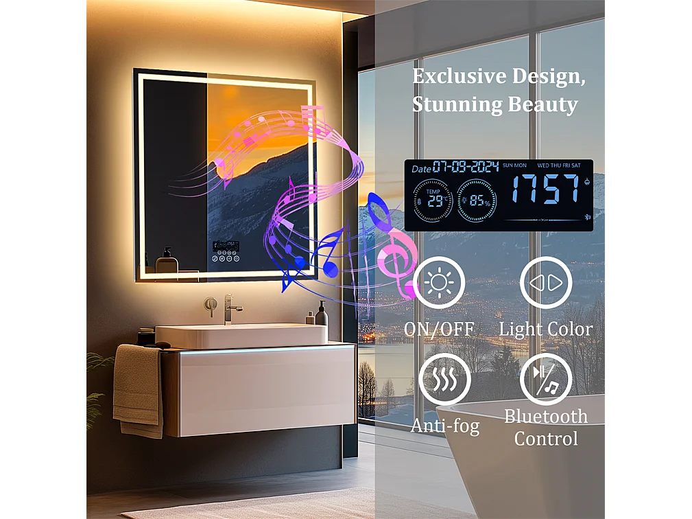 Miroir salle de bain 80x80m LED réglable+antibuée+Bluetooth 5.2 +Horloge+3 couleurs