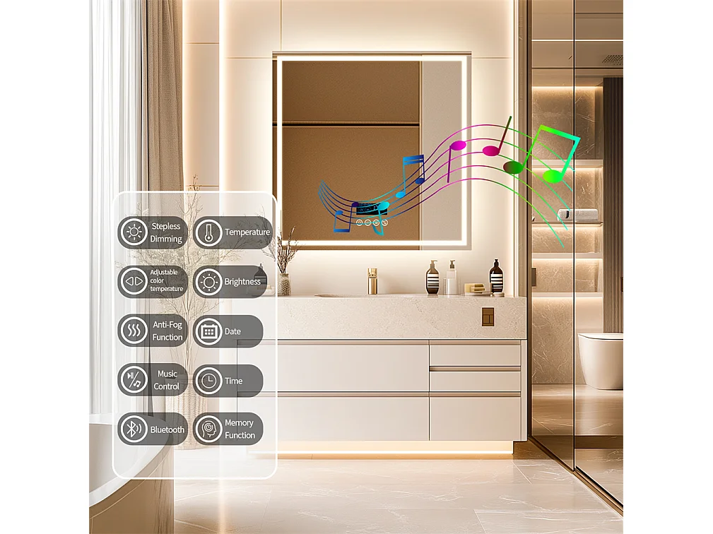 Miroir salle de bain 80x80m LED réglable+antibuée+Bluetooth 5.2 +Horloge+3 couleurs
