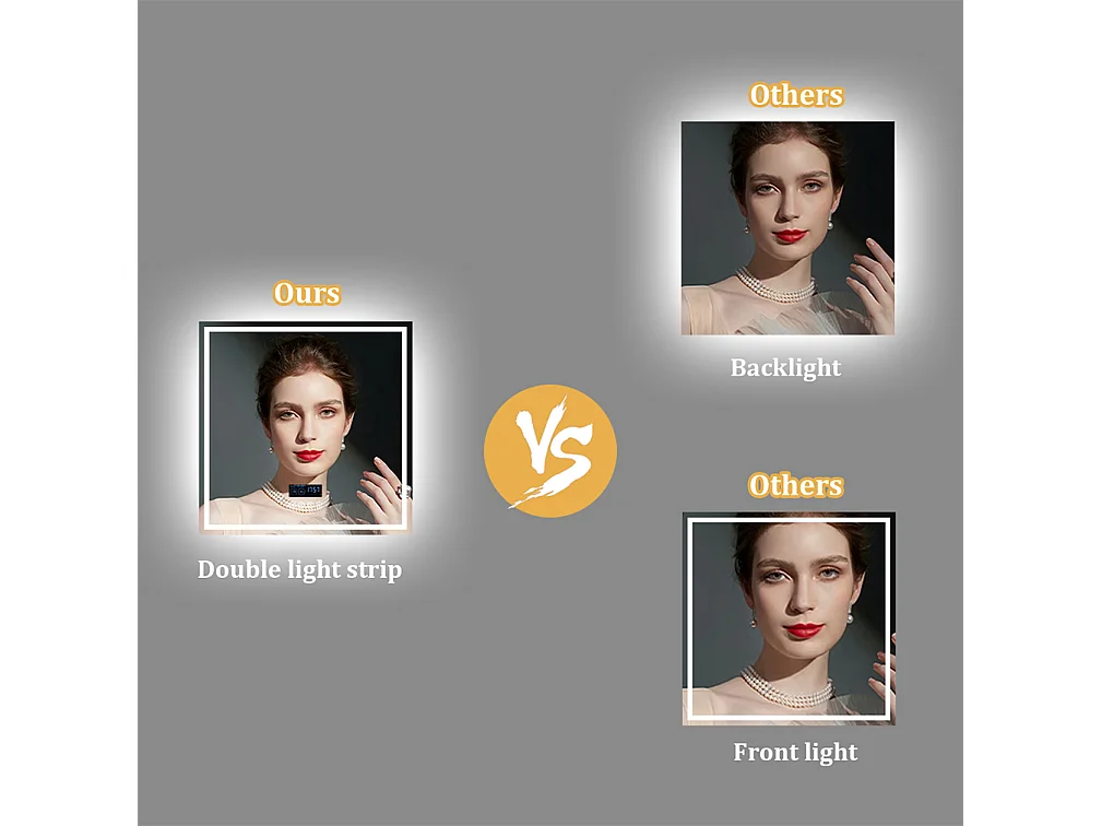 Miroir salle de bain 80x80m LED réglable+antibuée+Bluetooth 5.2 +Horloge+3 couleurs