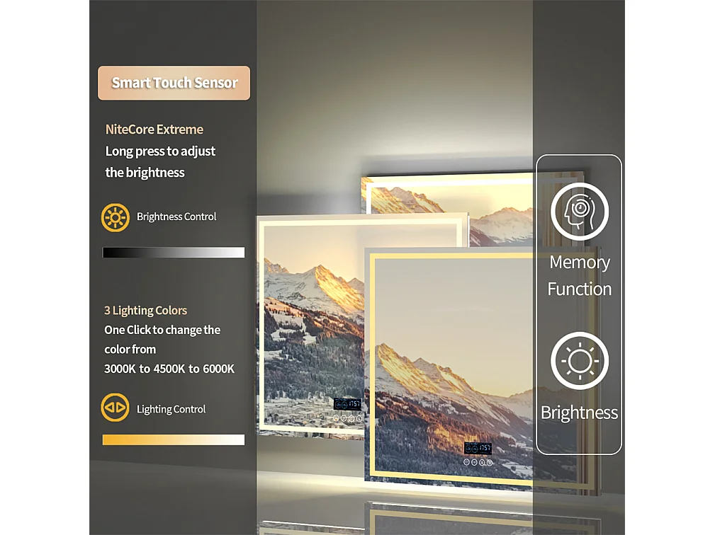 Miroir salle de bain 80x80m LED réglable+antibuée+Bluetooth 5.2 +Horloge+3 couleurs