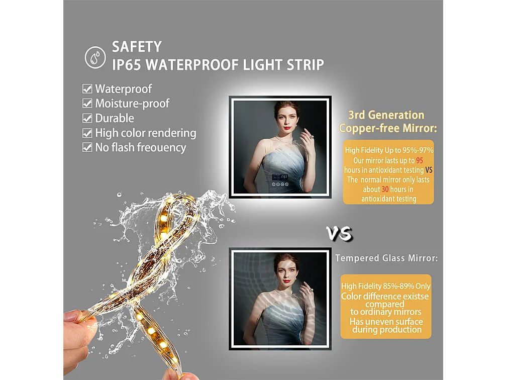 Miroir salle de bain 80x80m LED réglable+antibuée+Bluetooth 5.2 +Horloge+3 couleurs