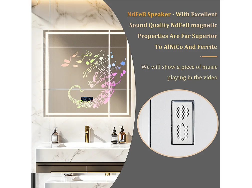 Miroir salle de bain 80x80m LED réglable+antibuée+Bluetooth 5.2 +Horloge+3 couleurs