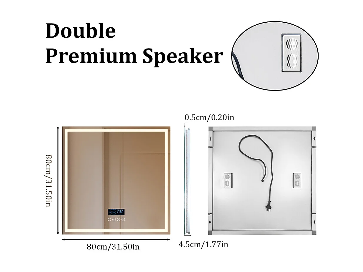 Miroir salle de bain 80x80m LED réglable+antibuée+Bluetooth 5.2 +Horloge+3 couleurs
