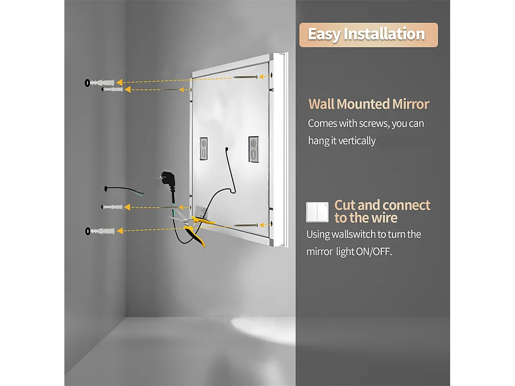 Miroir salle de bain 80x80m LED réglable+antibuée+Bluetooth 5.2 +Horloge+3 couleurs