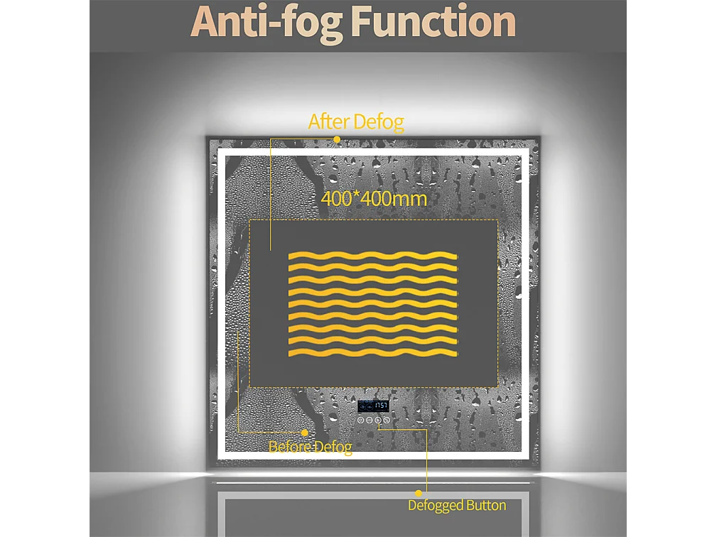 Espelho de banheiro 80x80m LED ajustável + antiembaçante + Bluetooth 5.2 + Relógio + 3 cores