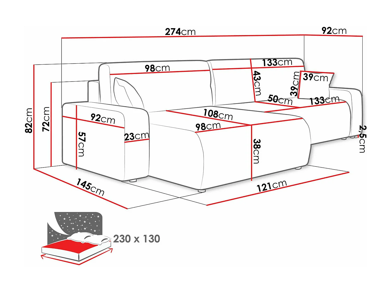 Ecksofa mit Bettkasten und Schlaffunktion - 274x145x82 cm - Poso 110- Piano