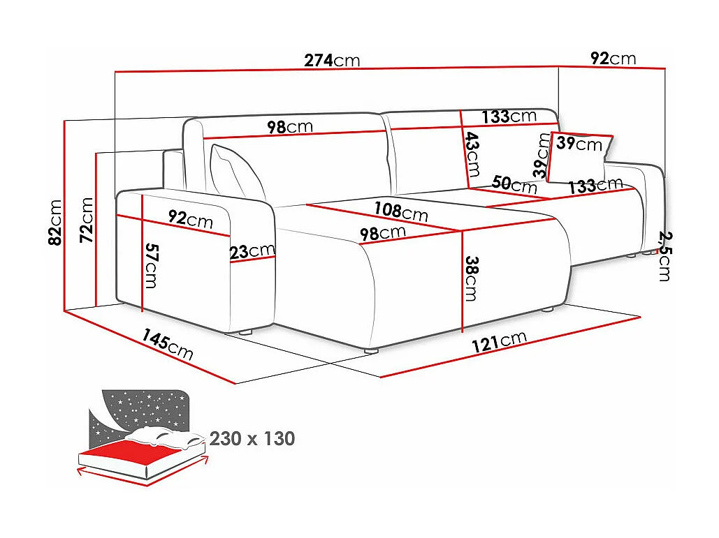 Ecksofa mit Bettkasten und Schlaffunktion - 274x145x82 cm - Poso 29 - Piano