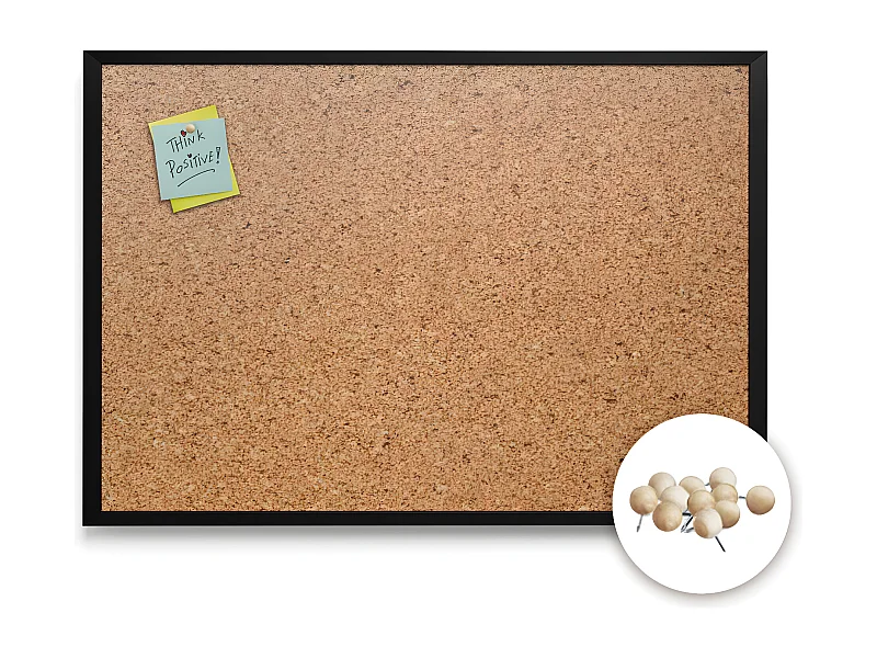 Große Korktafel 120x90 in schwarzem Rahmen, vertikale horizontale Montage + Stifte. XXL-Korktafel für Zuhause und Büro, ästhetische Organisation von Notizen