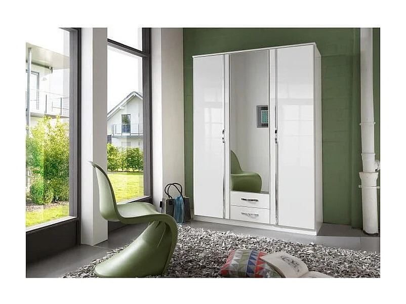 Armoire 3 portes 1 miroir + 2 tiroirs - Decor blanc - L 135 x P 56 x H 199 cm - TRIO
