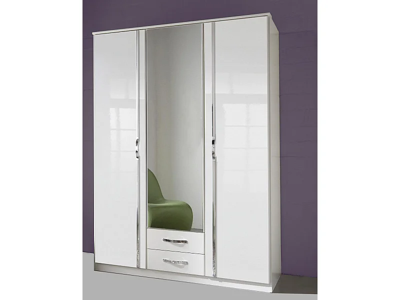 Armoire 3 portes 1 miroir + 2 tiroirs - Decor blanc - L 135 x P 56 x H 199 cm - TRIO