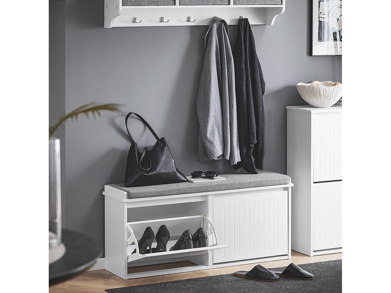 SoBuy FSR98-XL-W Banc à Chaussures Meuble à Chaussures avec Assise Coussin Rembourré et 2 Abattants Banc de Rangement à Chaussures, Blanc