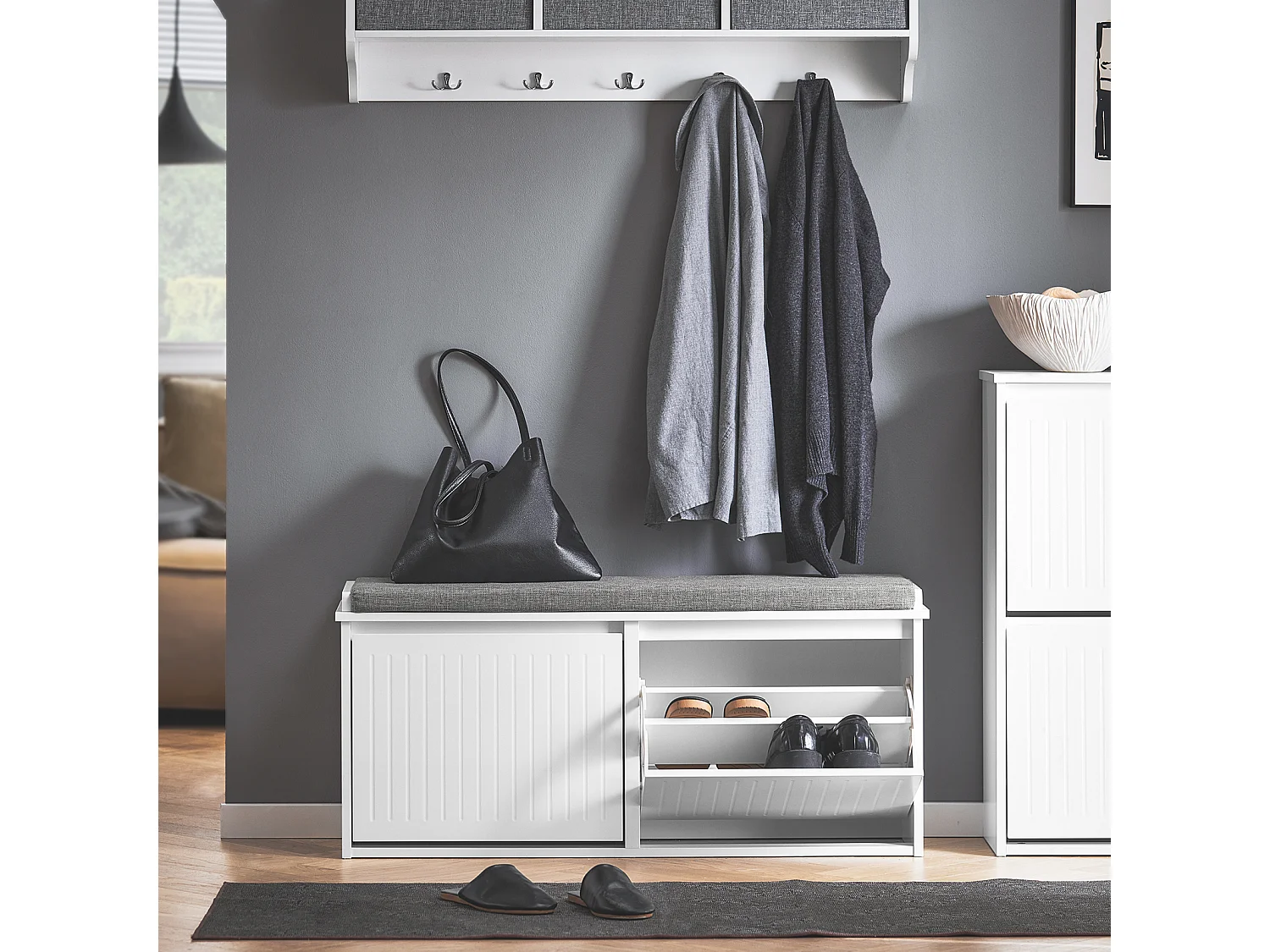 SoBuy FSR98-XL-W Banc à Chaussures Meuble à Chaussures avec Assise Coussin Rembourré et 2 Abattants Banc de Rangement à Chaussures, Blanc