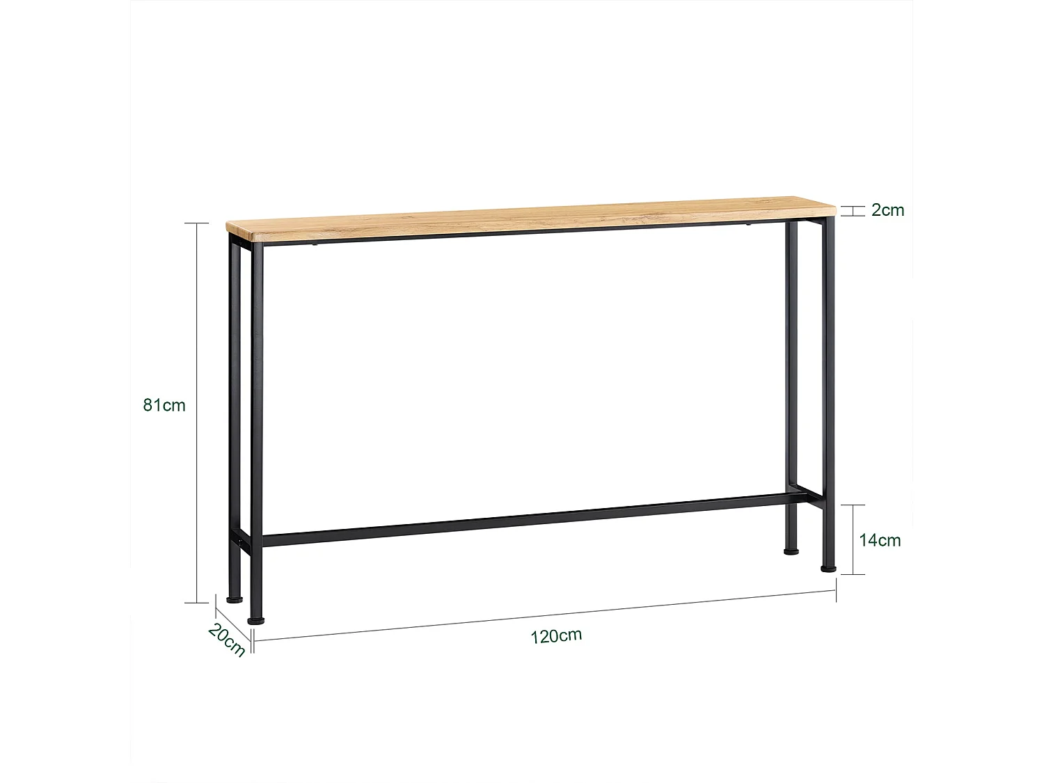 SoBuy Table Console Table d'appoint Bout de canapé Table d’entrée Cadre et 4 Pieds en Fer - L120cm x P20cm x H81cm, Nature et Noir, FSB19-L-E
