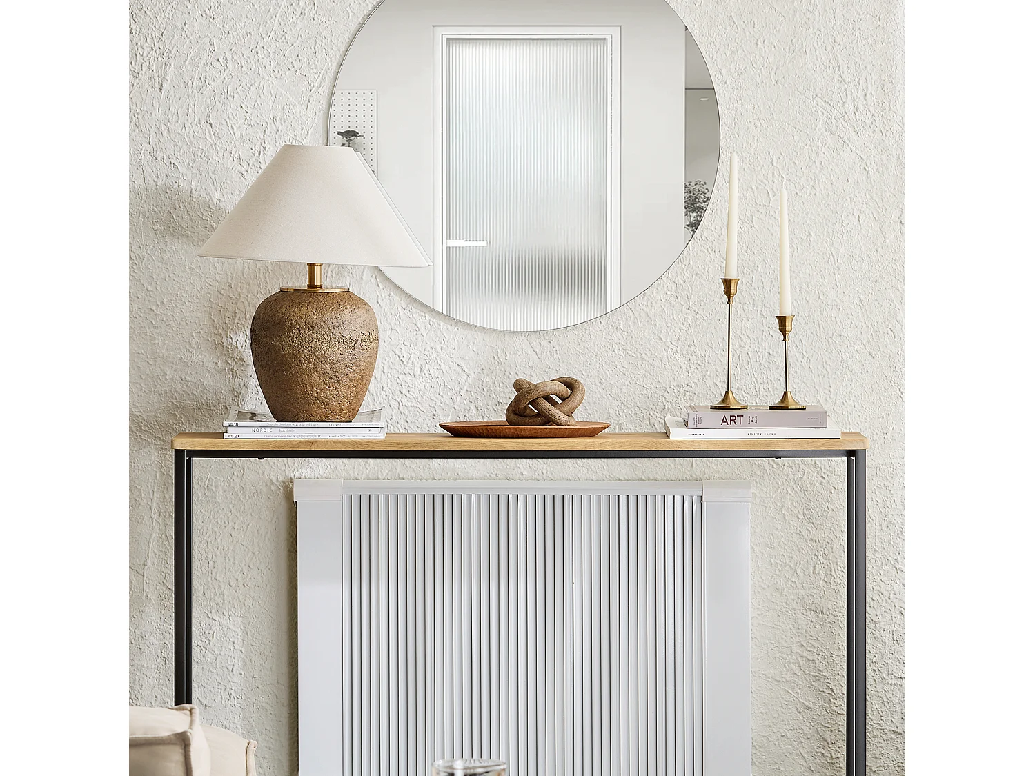 SoBuy Table Console Table d'appoint Bout de canapé Table d’entrée Cadre et 4 Pieds en Fer - L120cm x P20cm x H81cm, Nature et Noir, FSB19-L-E