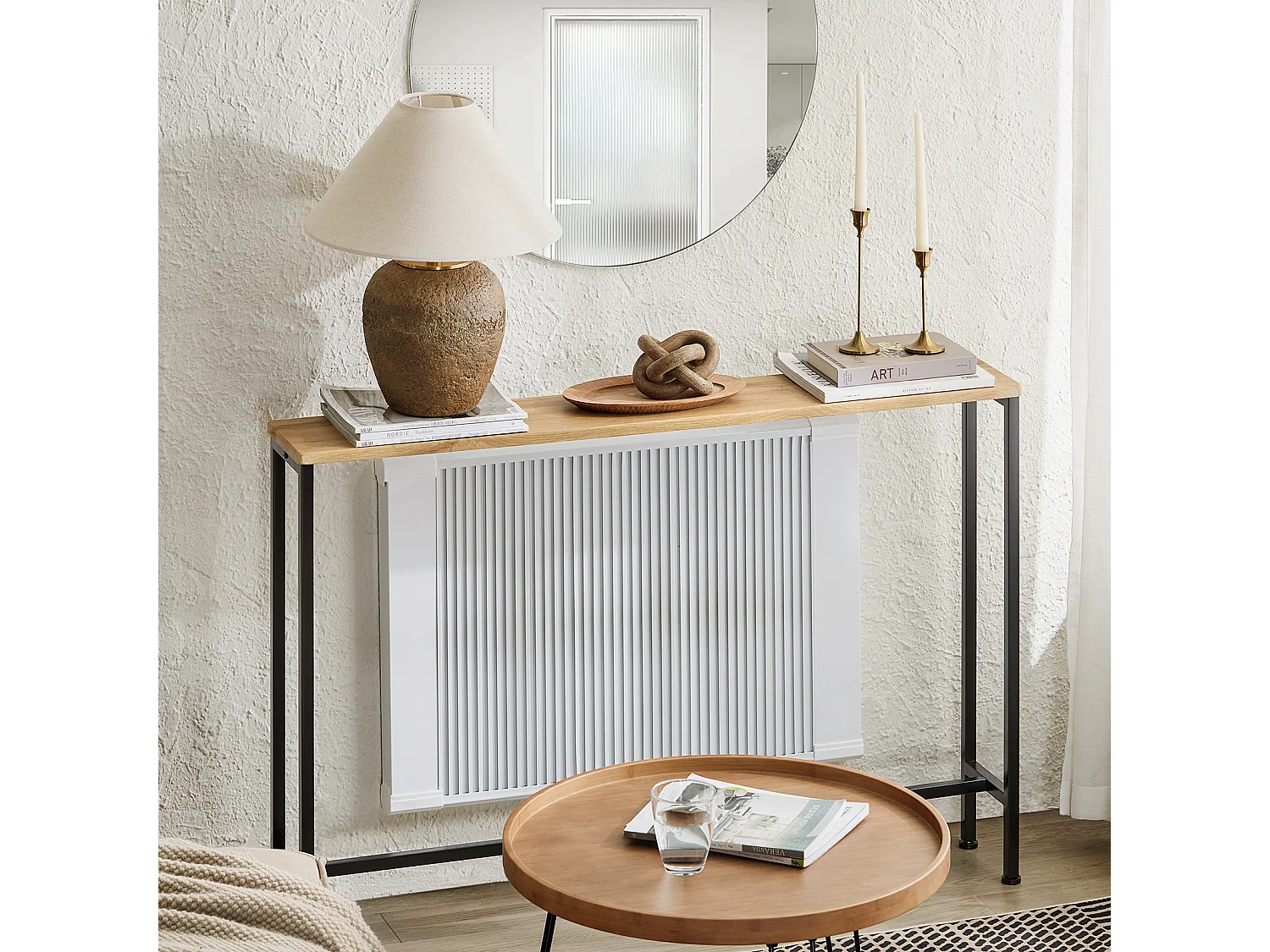 SoBuy Table Console Table d'appoint Bout de canapé Table d’entrée Cadre et 4 Pieds en Fer - L120cm x P20cm x H81cm, Nature et Noir, FSB19-L-E