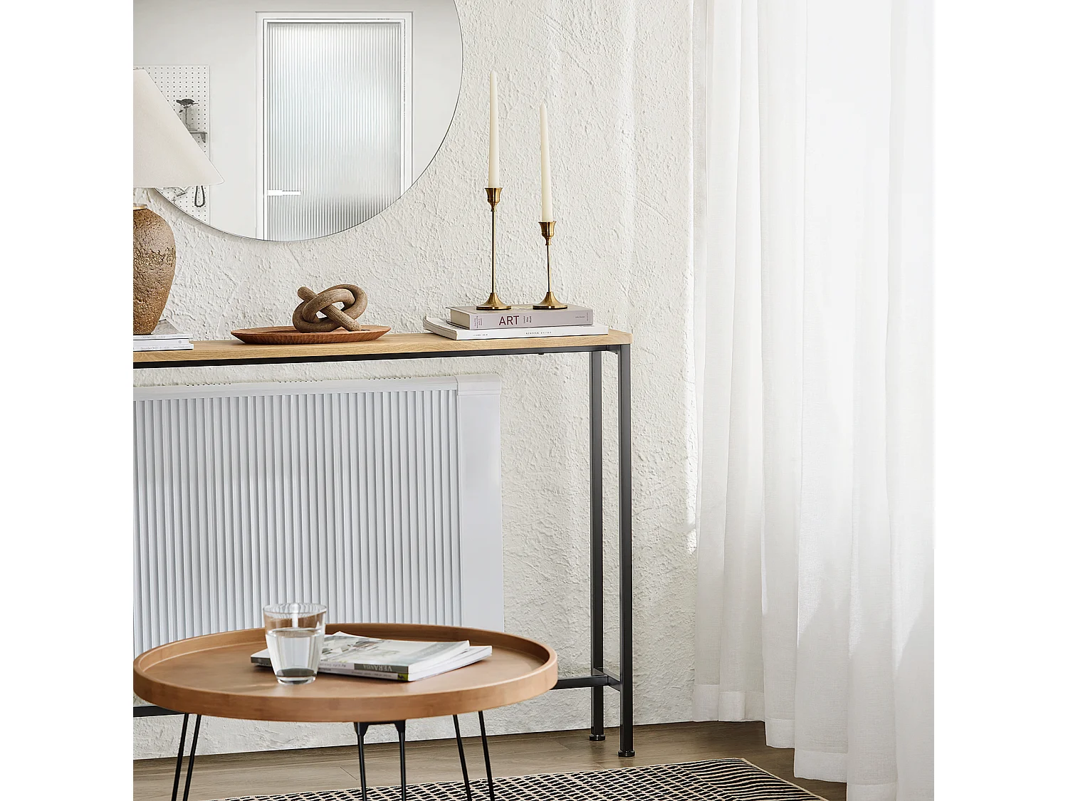 SoBuy Table Console Table d'appoint Bout de canapé Table d’entrée Cadre et 4 Pieds en Fer - L120cm x P20cm x H81cm, Nature et Noir, FSB19-L-E