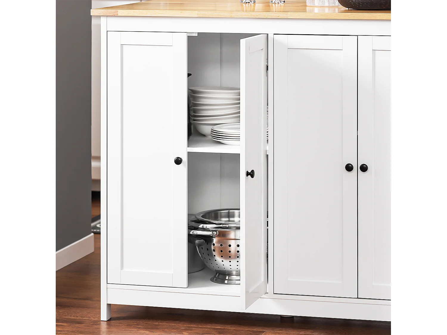 SoBuy Centraal keukeneiland met rubberhouten werkblad, keukentrolley, keukenkast met 2 deuren, 4 kubusvakken, 170x60x89 cm, wit KNL09-WN