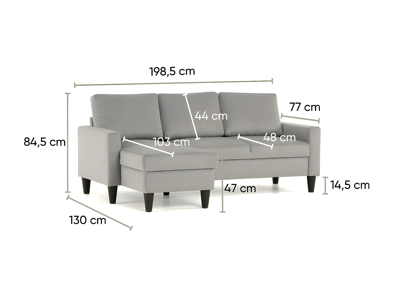 Sofa 3-sitziges wendbar Chaiselongue aus Polyester hellgrau