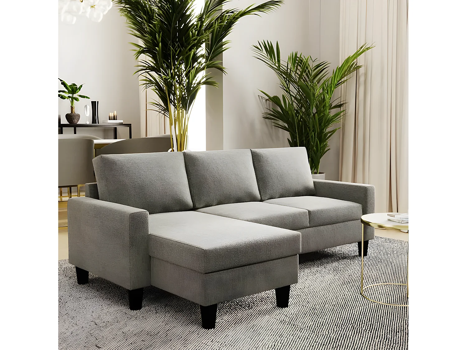 Canapé méridienne 3 places réversible en polyester gris clair