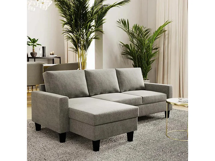 Canapé méridienne 3 places réversible en polyester gris clair