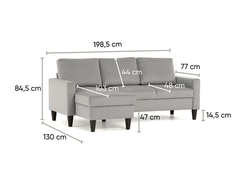 Canapé méridienne 3 places réversible en polyester gris clair