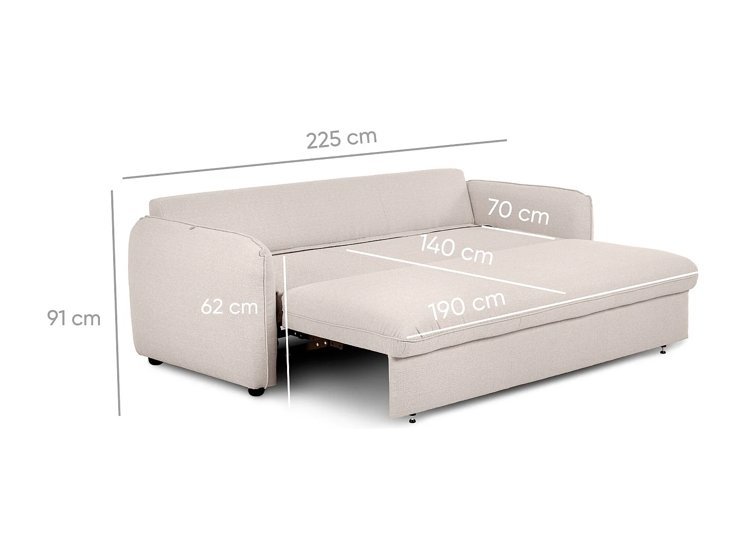 BUDWING Canapé-lit Chloé Beige avec Système Easybed - 4 Places - 225x140x91 cm
