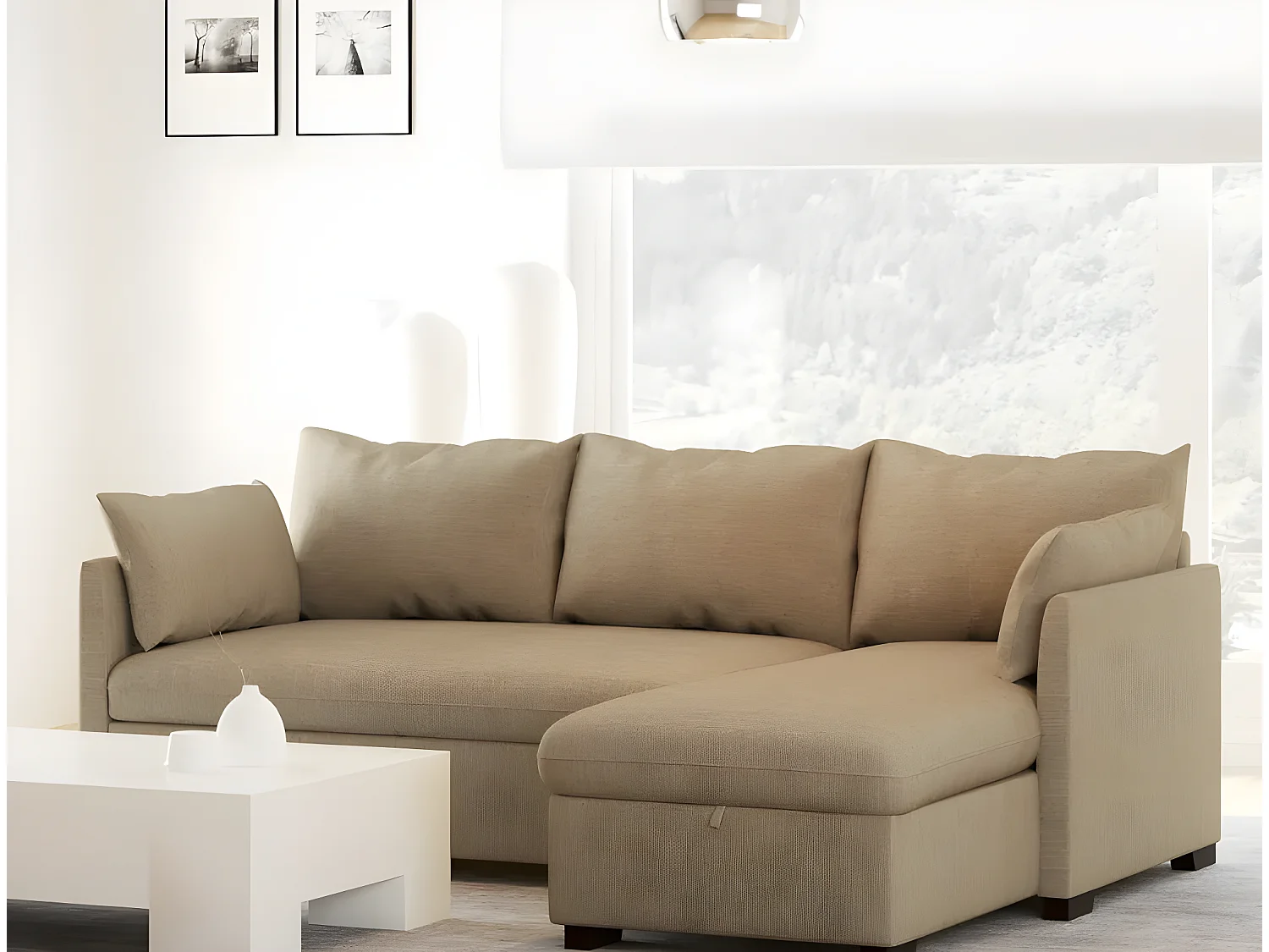 Canapé méridienne 3 places réversible en polyester beige